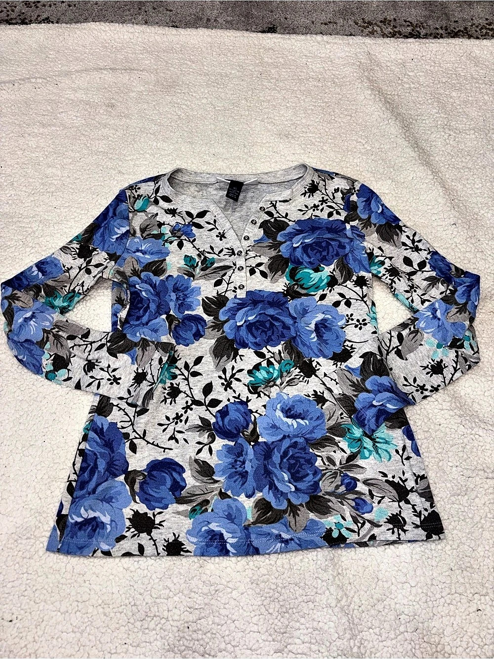 Karen Scott Floral Long Sleeve Top Gray & Blue Size XS